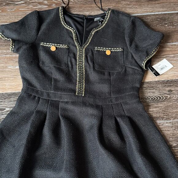 Tahari ASL Black Tweed Fit & Flare Dress Size 8 Gold Trim NWT Creer/Timeless - Picture 6 of 11